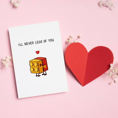 Never Lego of You is a cute and clever Valentine’s card for someone you’re holding onto forever.&nbsp;Featuring an adorable building block character and a playful pun, this card is perfect for couples who love humor, creativity, and a little nerdy charm. Sweet, simple, and full of heart, it’s a fun way to say I’m not letting go.