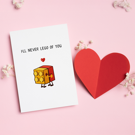Never Lego of You is a cute and clever Valentine’s card for someone you’re holding onto forever.&nbsp;Featuring an adorable building block character and a playful pun, this card is perfect for couples who love humor, creativity, and a little nerdy charm. Sweet, simple, and full of heart, it’s a fun way to say I’m not letting go.