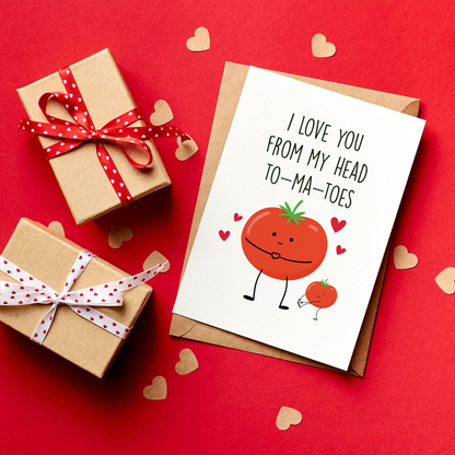 Card with cartoon tomato and gift boxes on a red background