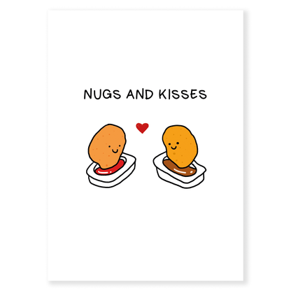 Nugs and Kisses” is a fun Valentine’s card for couples who love food and laughter. A playful food pun that says I love you without being cheesy