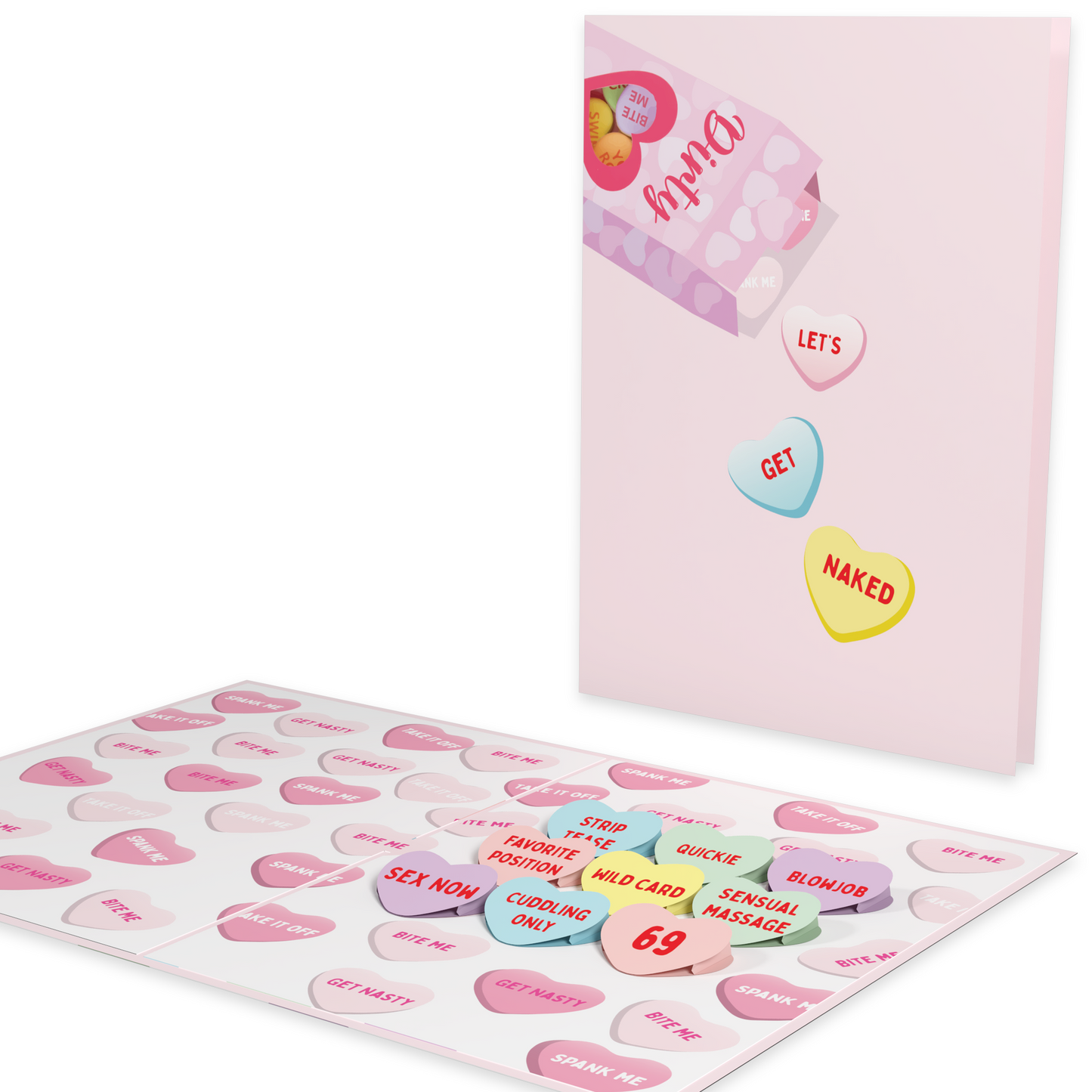 A cheeky greeting card with a pink cover showing candy hearts that read Let's Get Naked. Inside, the card displays more candy hearts with playful phrases like Strip Tease and Sensual Massage, creating a flirty and fun design.