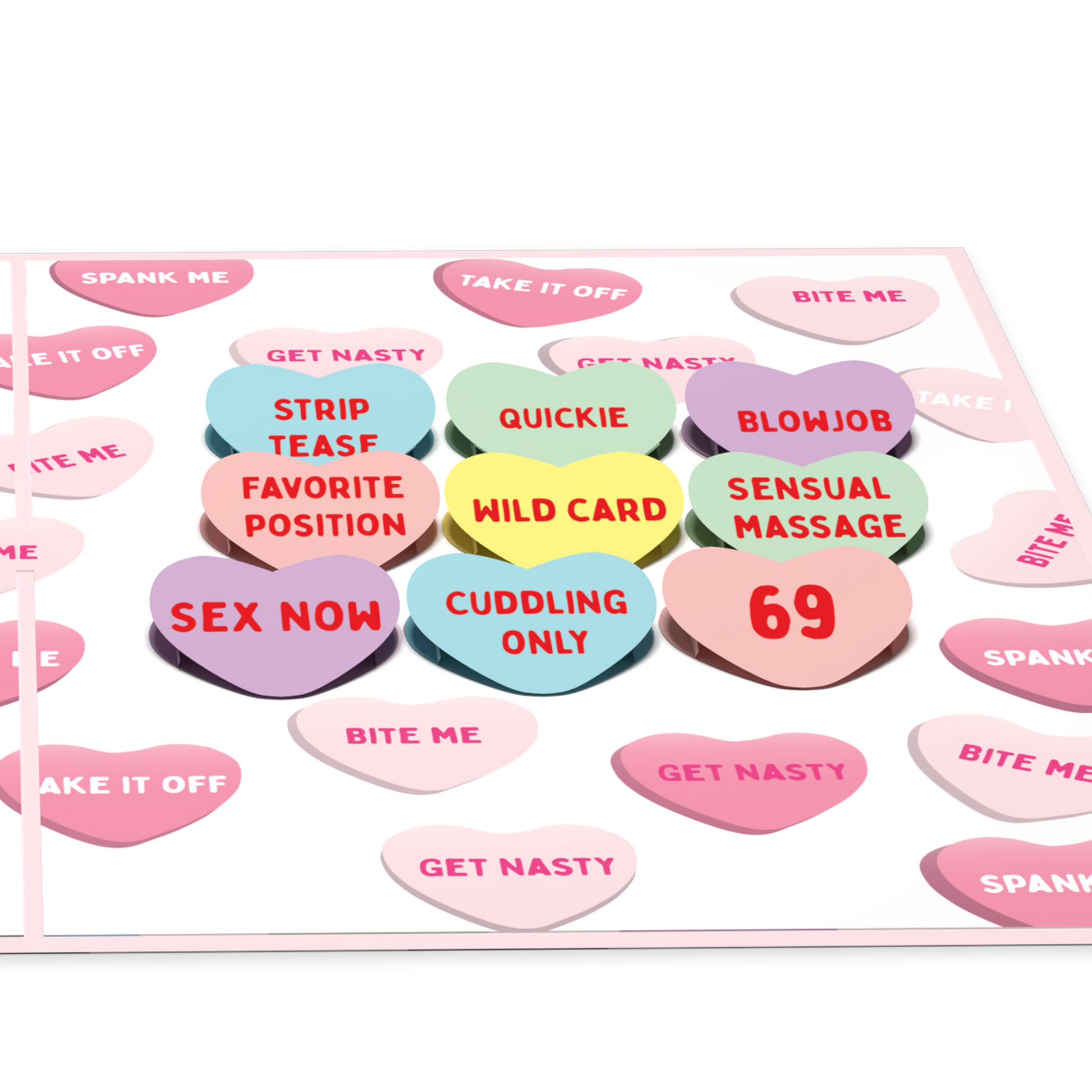A pop-up card featuring colorful candy hearts with playful, adult-themed phrases like SEX NOW, STRIP TEASE, CUDDLING ONLY, and WILD CARD. The background is filled with additional hearts displaying flirtatious messages.