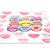A pop-up card featuring colorful candy hearts with playful, adult-themed phrases like SEX NOW, STRIP TEASE, CUDDLING ONLY, and WILD CARD. The background is filled with additional hearts displaying flirtatious messages.