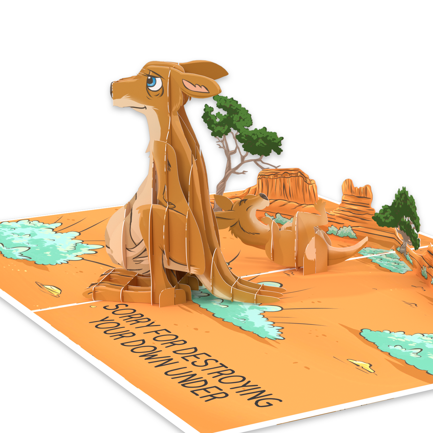 A pop-up card featuring a 3D kangaroo looking sad, set in a desert landscape with trees and rock formations. The text reads, Sorry for destroying your Down Under, adding a humorous touch to the scene.