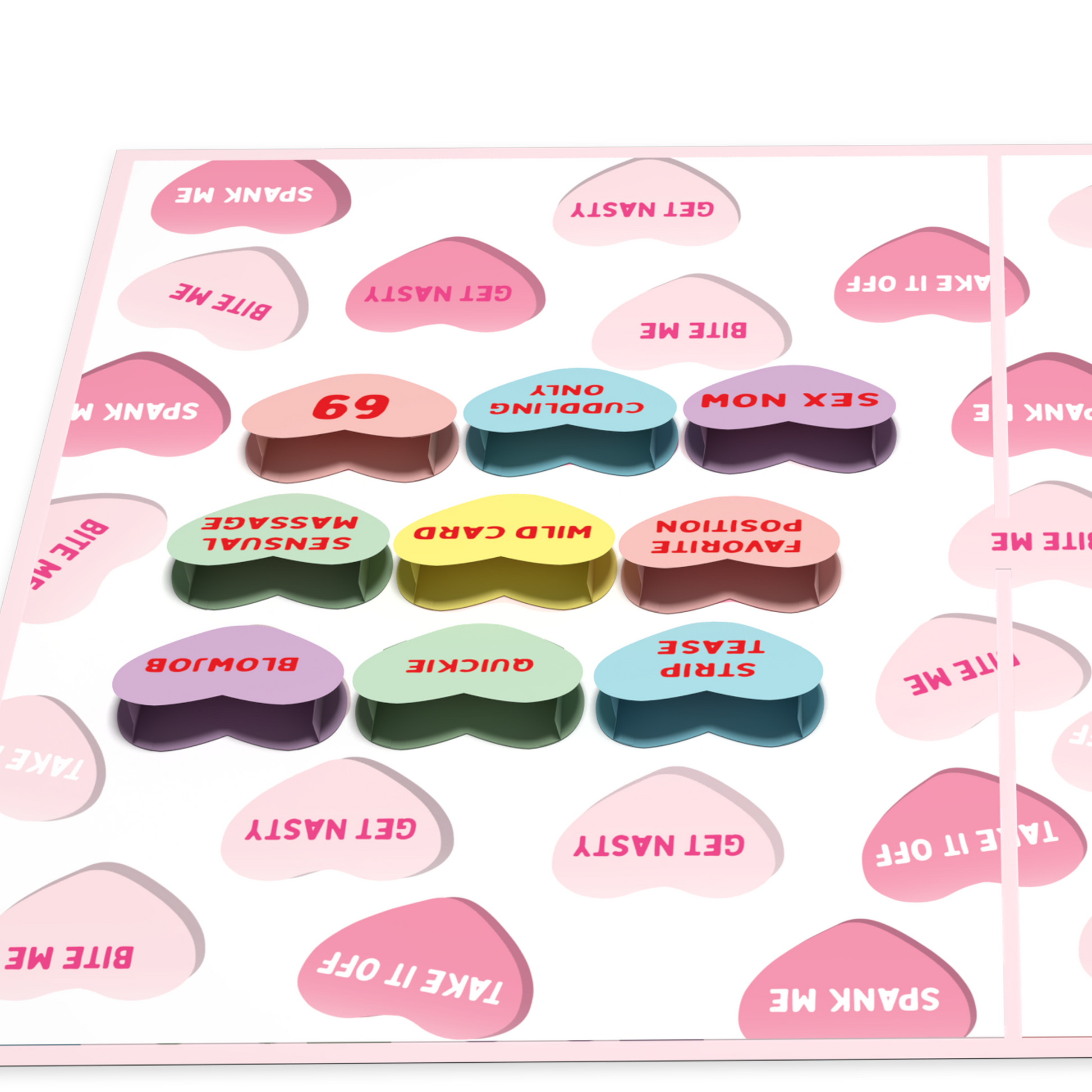 A greeting card featuring colorful candy hearts with playful phrases such as 69, Cuddling Only, Sex Now, and Wild Card. The background is filled with additional flirtatious messages like Bite Me and Get Nasty.