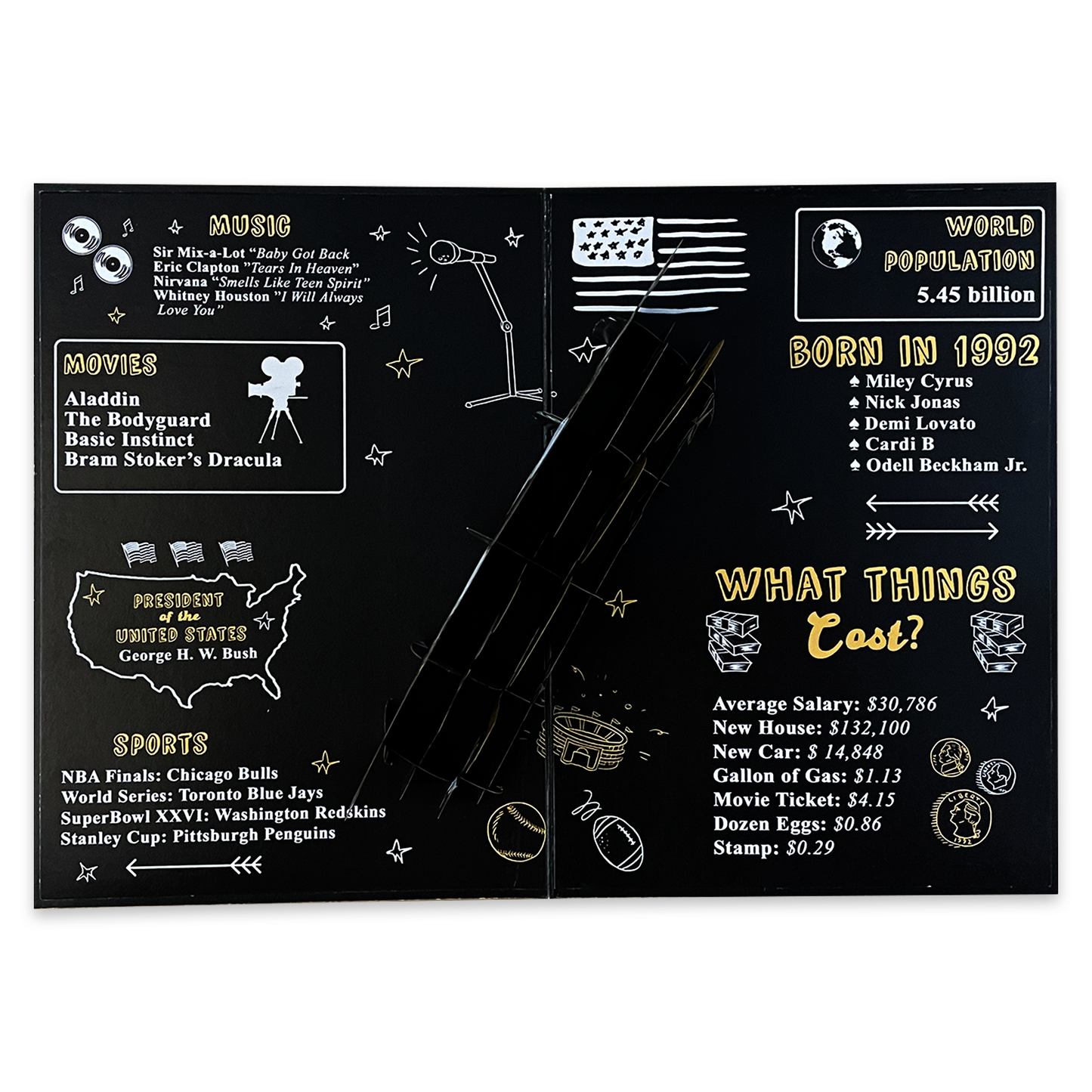 A black card featuring fun facts from 1992, including top movies, music, sports events, and famous people born that year, along with statistics like world population and the cost of common items