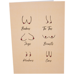 Various breast shapes and sizes on the front of an inappropriate greeting card.