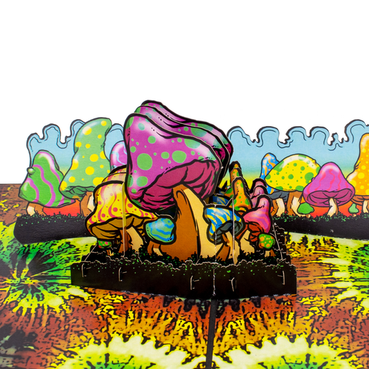 A psychedelic pop-up card featuring a cluster of colorful, cartoon-like mushrooms with vibrant patterns and swirls, set against a trippy, abstract background that evokes a whimsical, fantastical atmosphere.