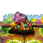 A psychedelic pop-up card featuring a cluster of colorful, cartoon-like mushrooms with vibrant patterns and swirls, set against a trippy, abstract background that evokes a whimsical, fantastical atmosphere.