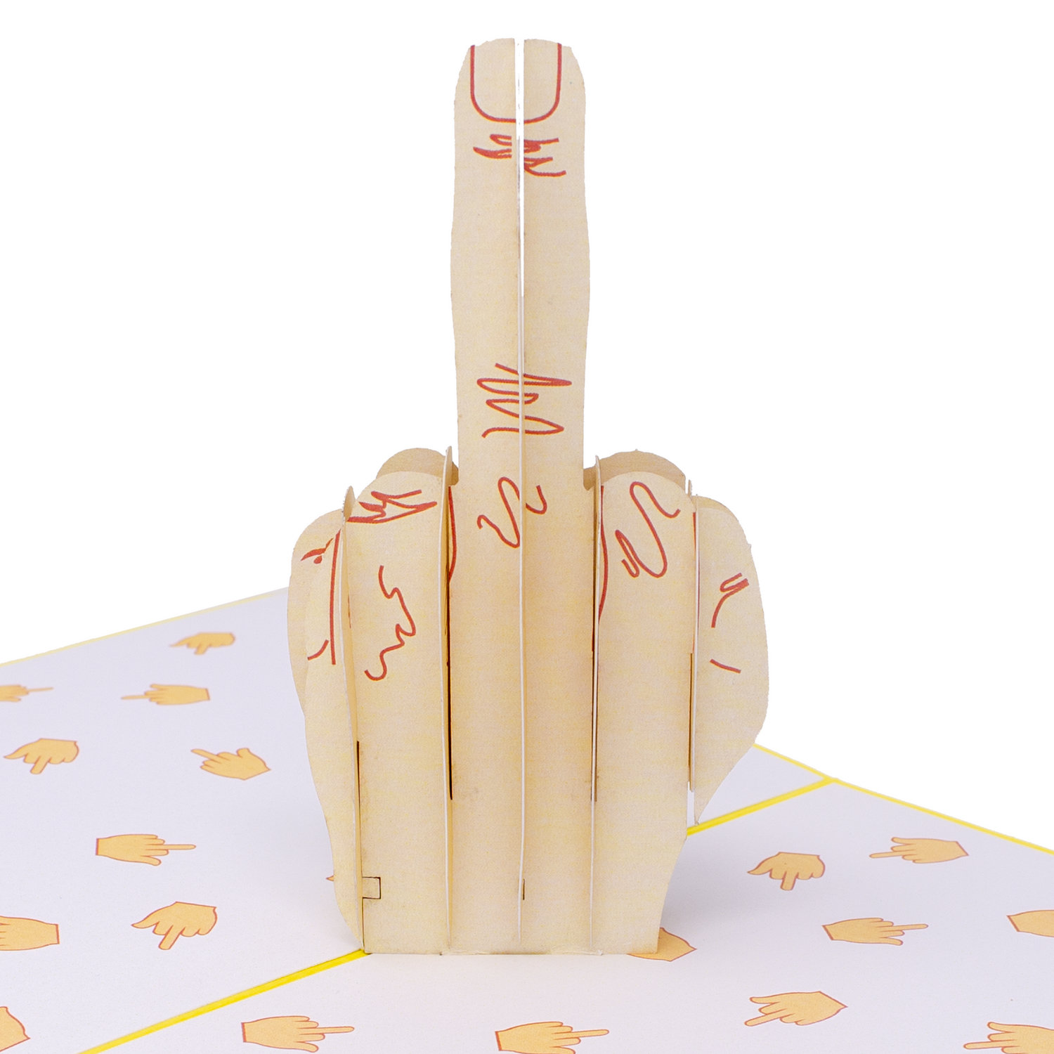 A pop-up card featuring a 3D design of a hand showing the middle finger, surrounded by smaller printed illustrations of the same gesture on a white background with a yellow border. The card has a bold, cheeky message.