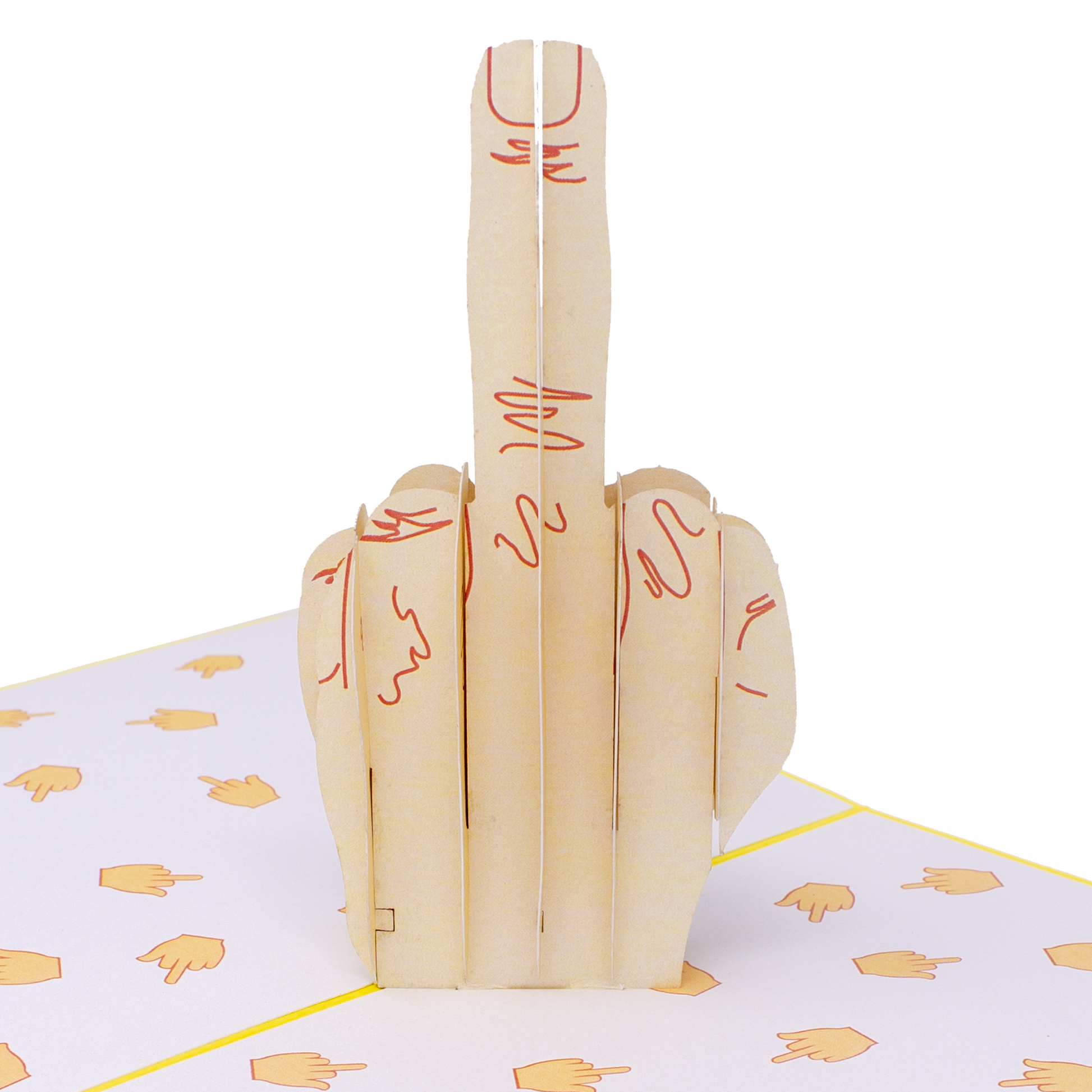 A pop-up card featuring a 3D design of a hand showing the middle finger, surrounded by smaller printed illustrations of the same gesture on a white background with a yellow border. The card has a bold, cheeky message.
