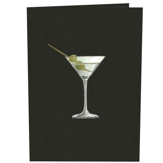A greeting card with a minimalist black cover featuring a martini glass with two olives on a toothpick. The elegant design suggests a sophisticated and celebratory theme, ideal for a fun occasion.