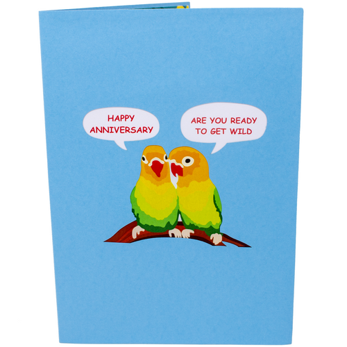 Funny Anniversary Pop Up Greeting Card: Two Love Birds in a playful pose, celebrating their love.
