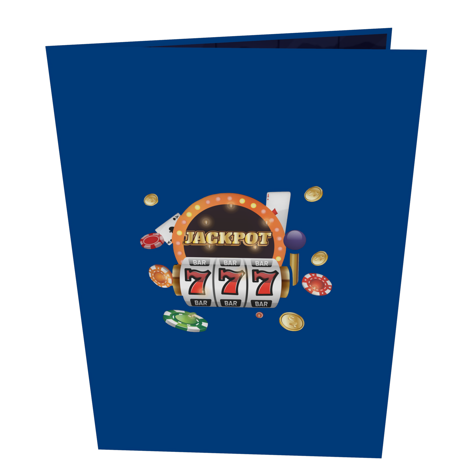 A blue greeting card featuring a slot machine illustration with the word Jackpot at the top and three sevens aligned in the center, surrounded by poker chips and coins