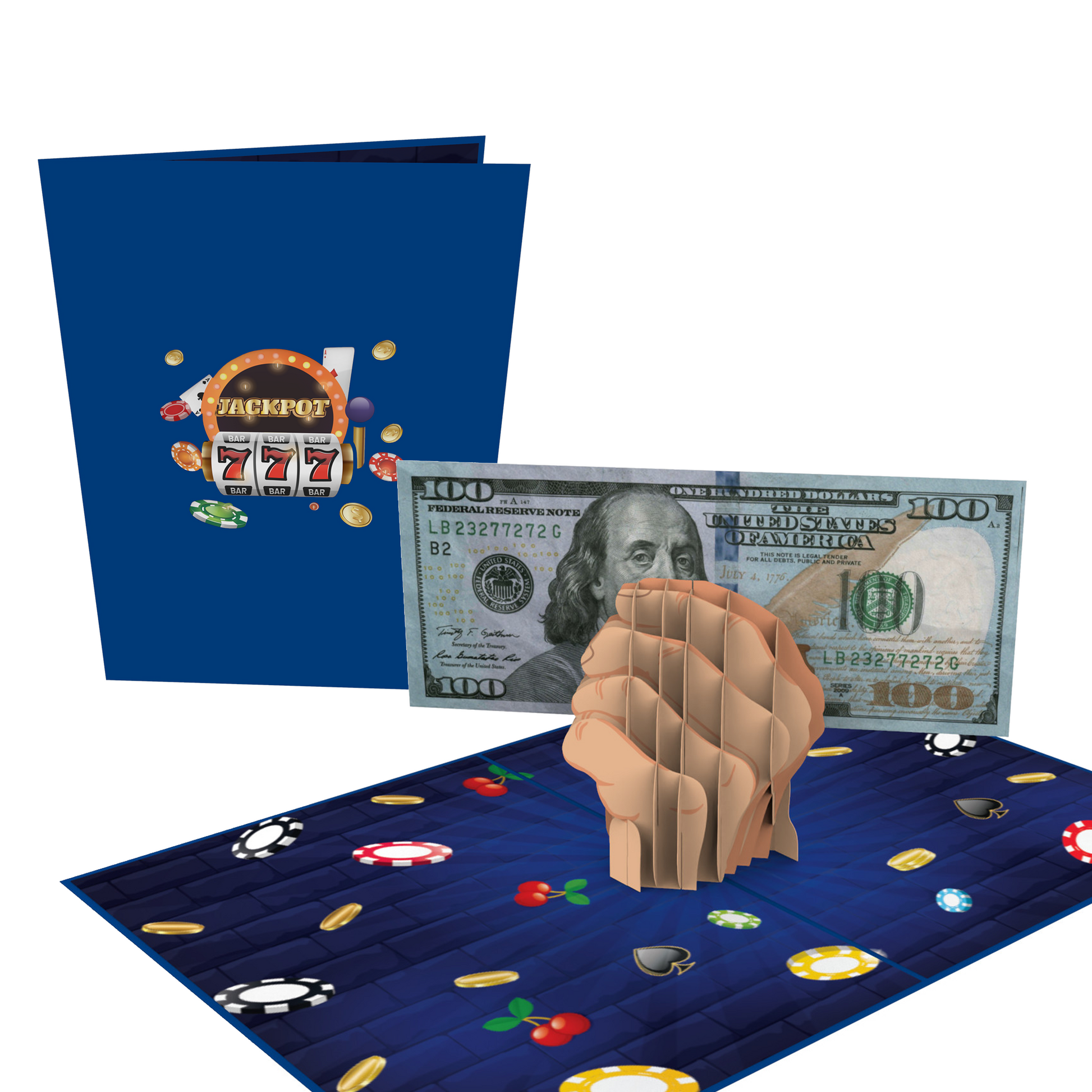 A 3D pop-up card with a clenched fist holding a $100 bill on a blue casino-themed background with poker chips and cards, next to a closed blue card featuring a slot machine with Jackpot text.