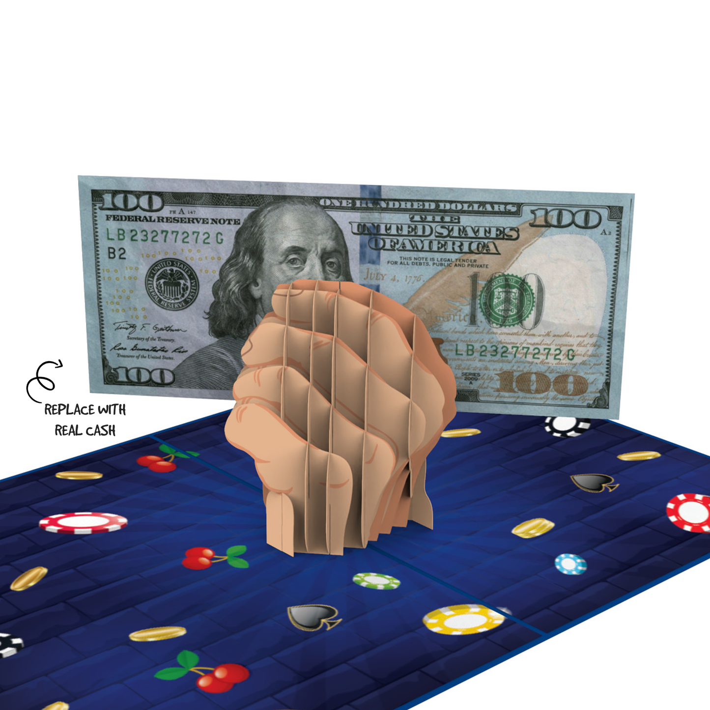 A 3D pop-up card featuring a clenched fist holding a simulated $100 bill, with poker chips and playing cards on a blue background. Text reads 'Replace with real cash' next to the bill.