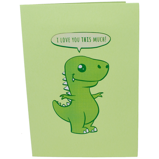 An adorable stuffed dinosaur expressing love with a card that reads I love you this much. T-rex arms spread wide, showing affection!
