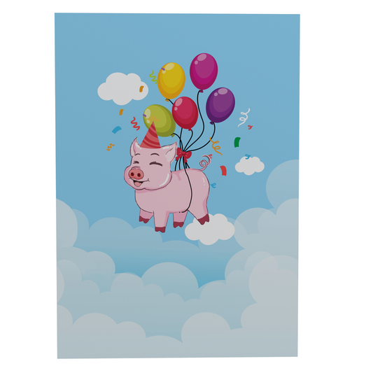 A cheerful illustration of a pig wearing a party hat and smiling, floating in the sky with colorful balloons tied to its back. Confetti and clouds surround the pig on a light blue background.